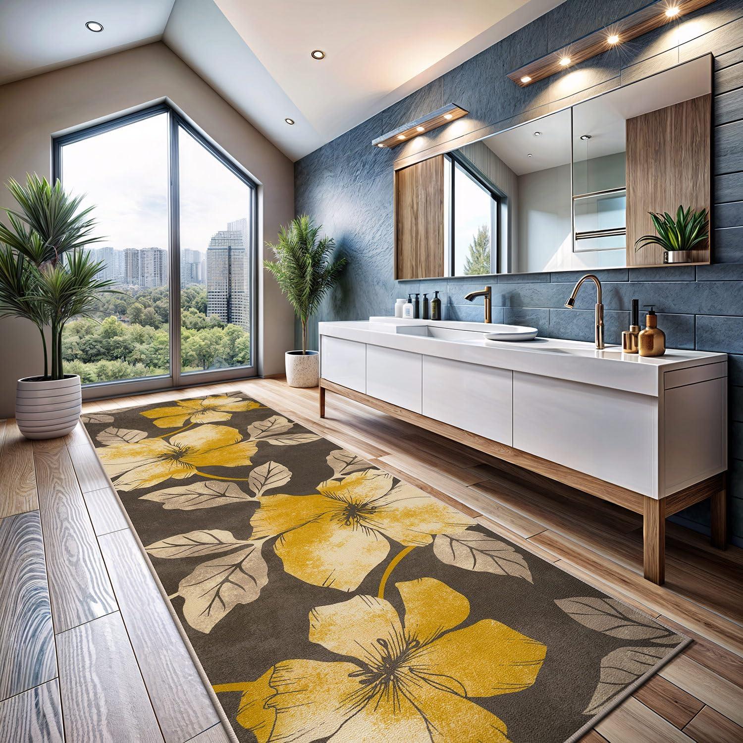 image:imageCAMILSON Solana Modern Floral 2 x 7 Area Rugs NonSkid NonSlip Rubber Backing Yellow Brown Flowers Indoor Rug 2x7 Yellow BrownFloral Yellow Brown