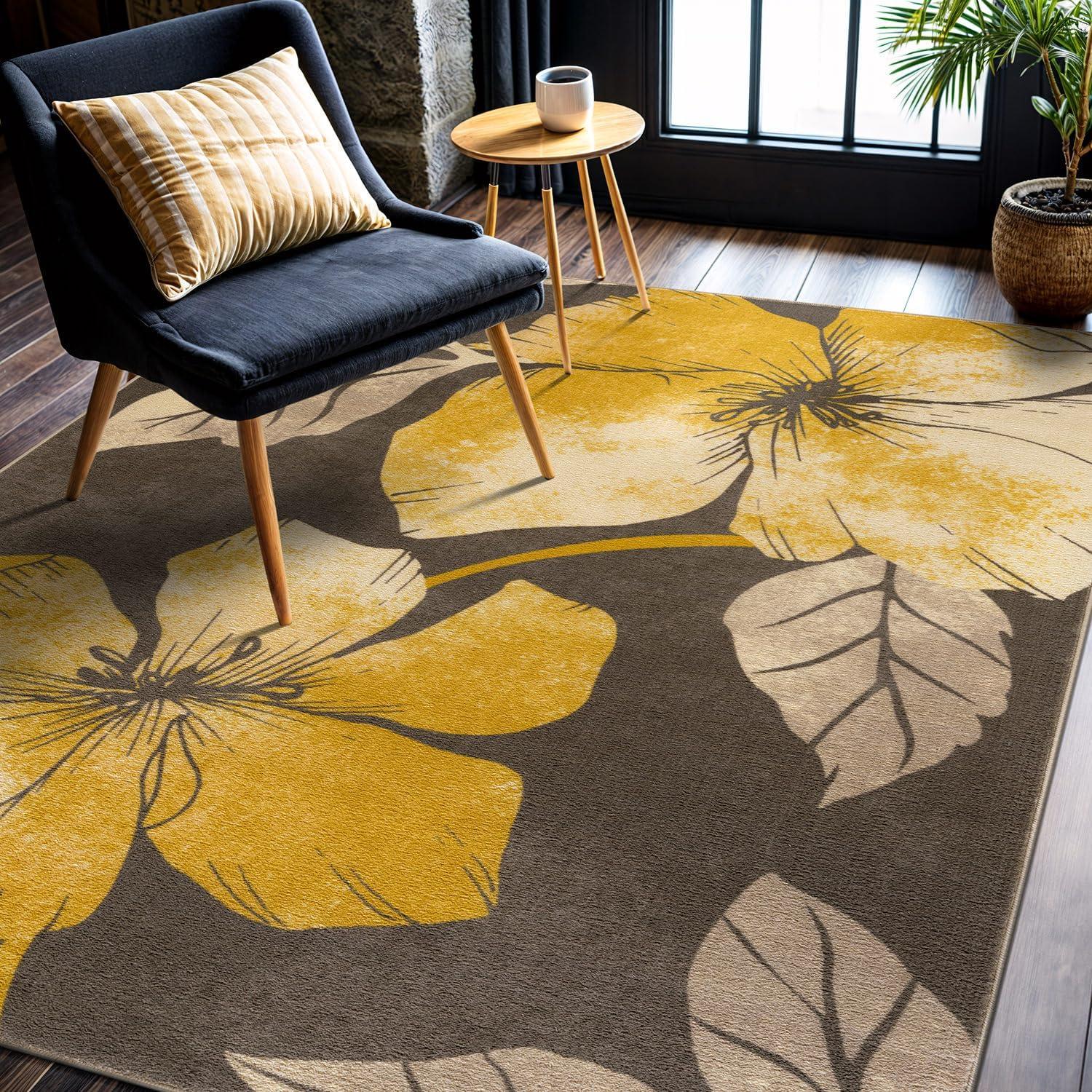image:imageCAMILSON Solana Modern Floral 2 x 7 Area Rugs NonSkid NonSlip Rubber Backing Yellow Brown Flowers Indoor Rug 2x7 Yellow BrownFloral Yellow Brown
