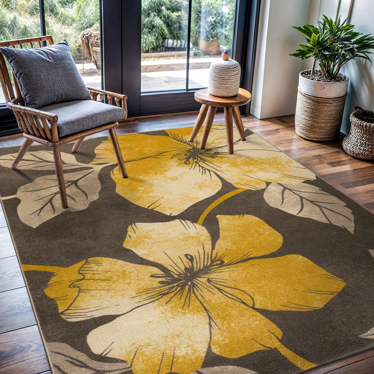 image:imageCAMILSON Solana Modern Floral 2 x 7 Area Rugs NonSkid NonSlip Rubber Backing Yellow Brown Flowers Indoor Rug 2x7 Yellow BrownFloral Yellow Brown