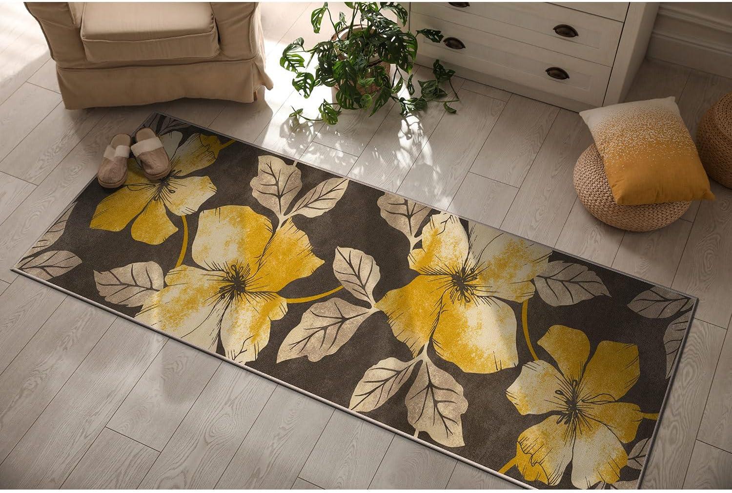 image:imageCAMILSON Solana Modern Floral 2 x 7 Area Rugs NonSkid NonSlip Rubber Backing Yellow Brown Flowers Indoor Rug 2x7 Yellow BrownFloral Yellow Brown