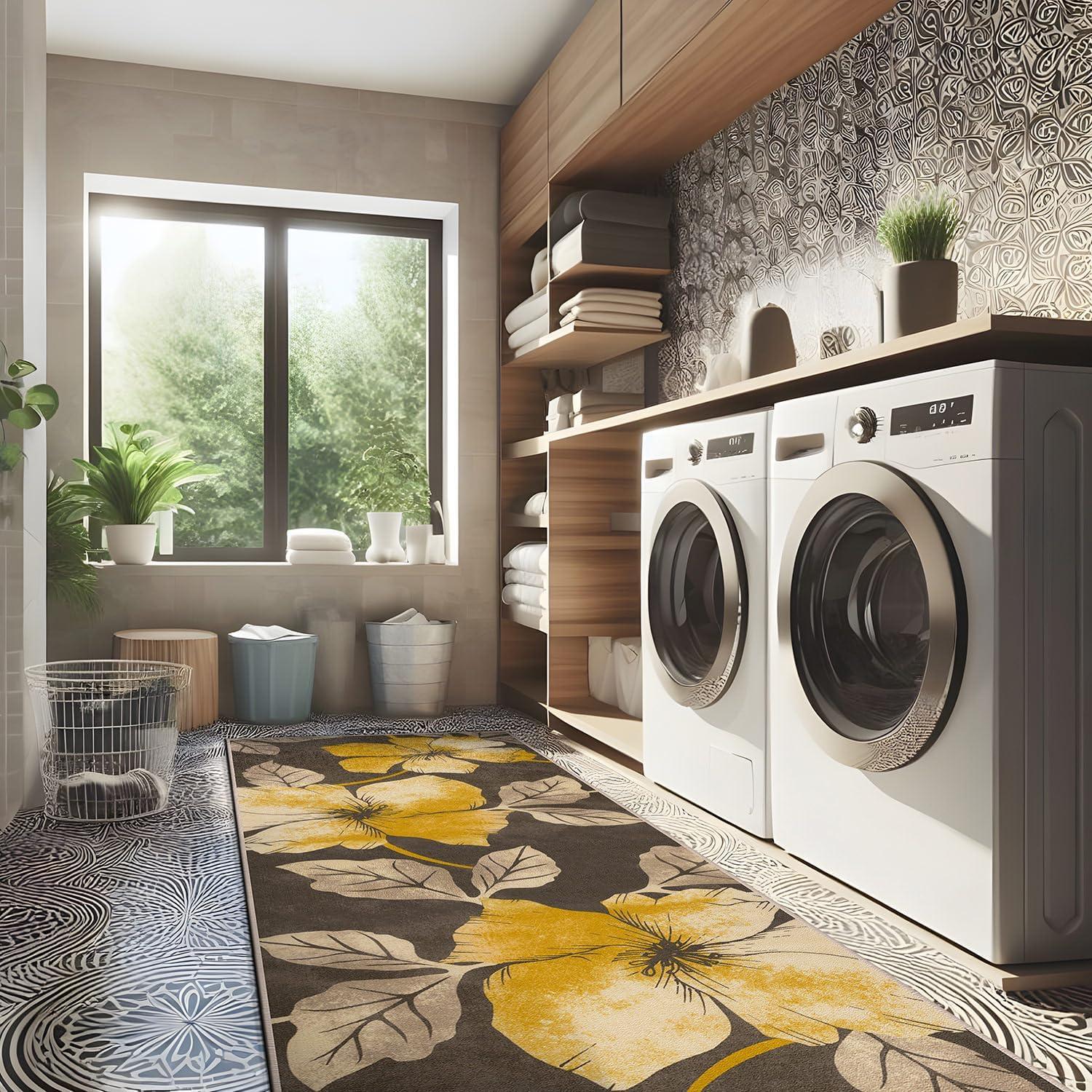 image:imageCAMILSON Solana Modern Floral 2 x 7 Area Rugs NonSkid NonSlip Rubber Backing Yellow Brown Flowers Indoor Rug 2x7 Yellow BrownFloral Yellow Brown