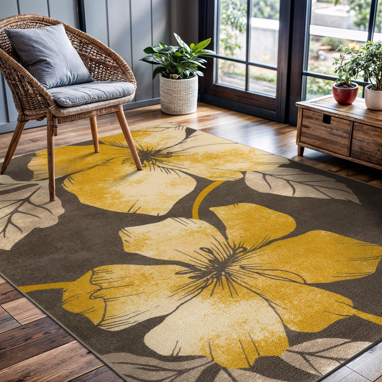 image:imageCAMILSON Solana Modern Floral 2 x 7 Area Rugs NonSkid NonSlip Rubber Backing Yellow Brown Flowers Indoor Rug 2x7 Yellow BrownFloral Yellow Brown