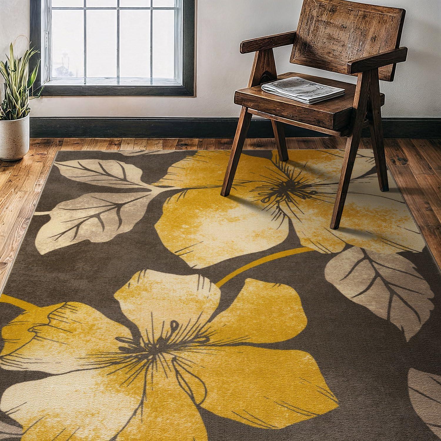 image:imageCAMILSON Solana Modern Floral 2 x 7 Area Rugs NonSkid NonSlip Rubber Backing Yellow Brown Flowers Indoor Rug 2x7 Yellow BrownFloral Yellow Brown