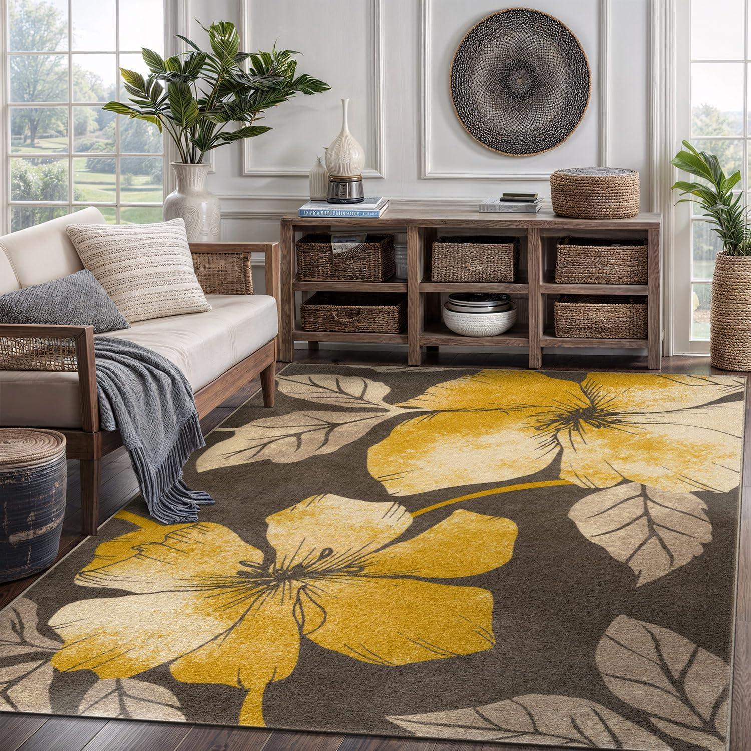 image:imageCAMILSON Solana Modern Floral 2 x 7 Area Rugs NonSkid NonSlip Rubber Backing Yellow Brown Flowers Indoor Rug 2x7 Yellow BrownFloral Yellow Brown