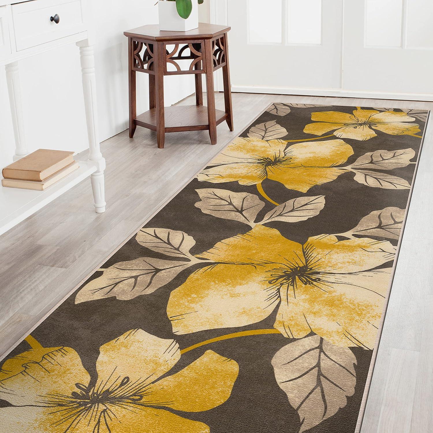 image:imageCAMILSON Solana Modern Floral 2 x 7 Area Rugs NonSkid NonSlip Rubber Backing Yellow Brown Flowers Indoor Rug 2x7 Yellow BrownFloral Yellow Brown