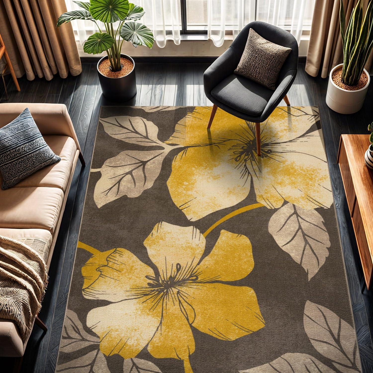 image:imageCAMILSON Solana Modern Floral 2 x 7 Area Rugs NonSkid NonSlip Rubber Backing Yellow Brown Flowers Indoor Rug 2x7 Yellow BrownFloral Yellow Brown