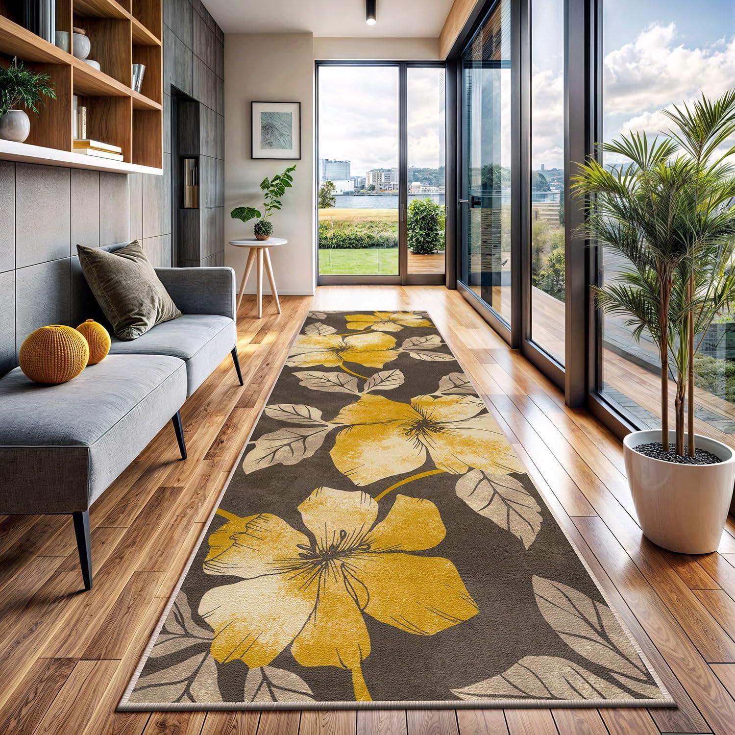 image:imageCAMILSON Solana Modern Floral 2 x 7 Area Rugs NonSkid NonSlip Rubber Backing Yellow Brown Flowers Indoor Rug 2x7 Yellow BrownFloral Yellow Brown