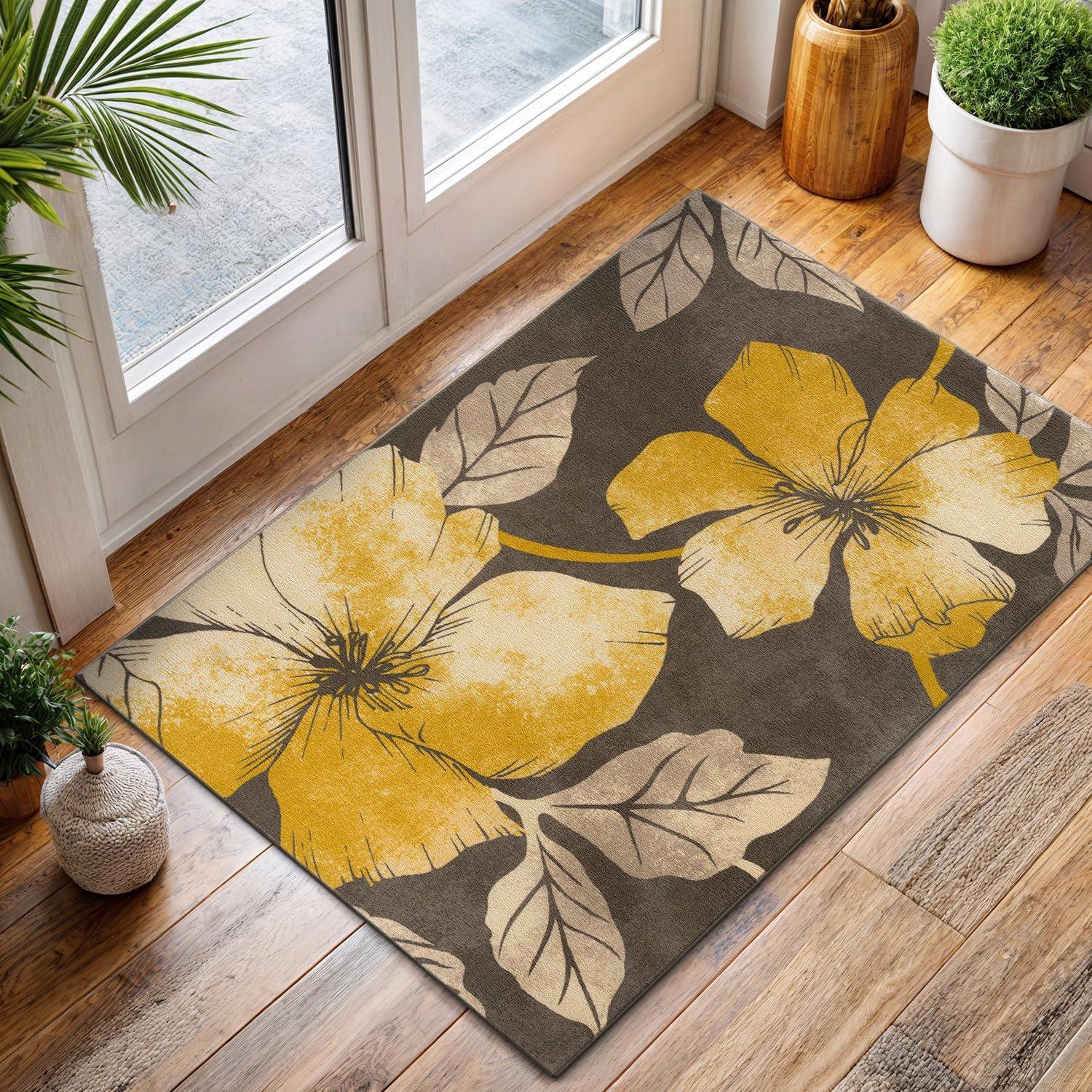 image:imageCAMILSON Solana Modern Floral 2 x 7 Area Rugs NonSkid NonSlip Rubber Backing Yellow Brown Flowers Indoor Rug 2x7 Yellow BrownFloral Yellow Brown