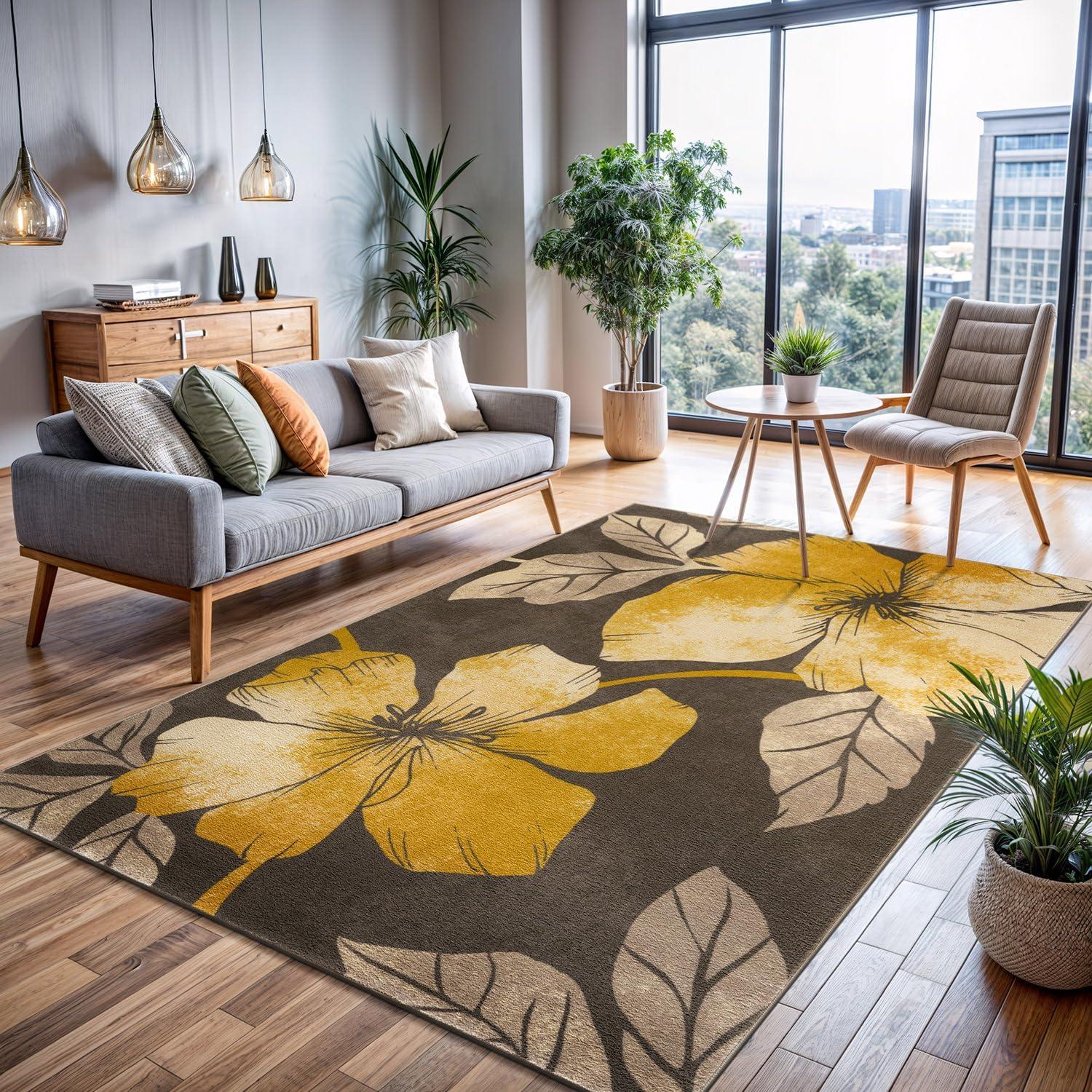 image:imageCAMILSON Solana Modern Floral 2 x 7 Area Rugs NonSkid NonSlip Rubber Backing Yellow Brown Flowers Indoor Rug 2x7 Yellow BrownFloral Yellow Brown