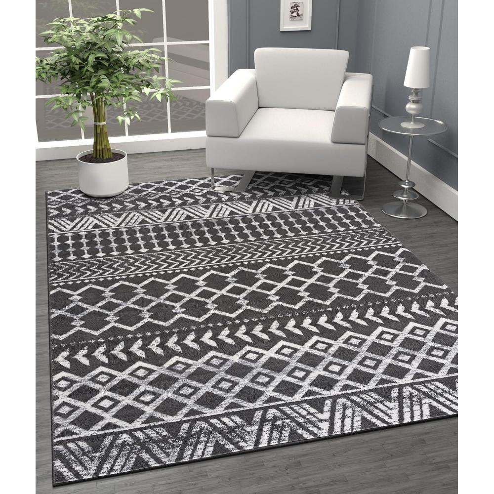 image:imageCAMILSON Boho Moroccan Area Rug 53 x 70 Geometric Diamond Design for Living Room Bedroom Dark Grey  Cream Indoor Area Rugs Bohemian