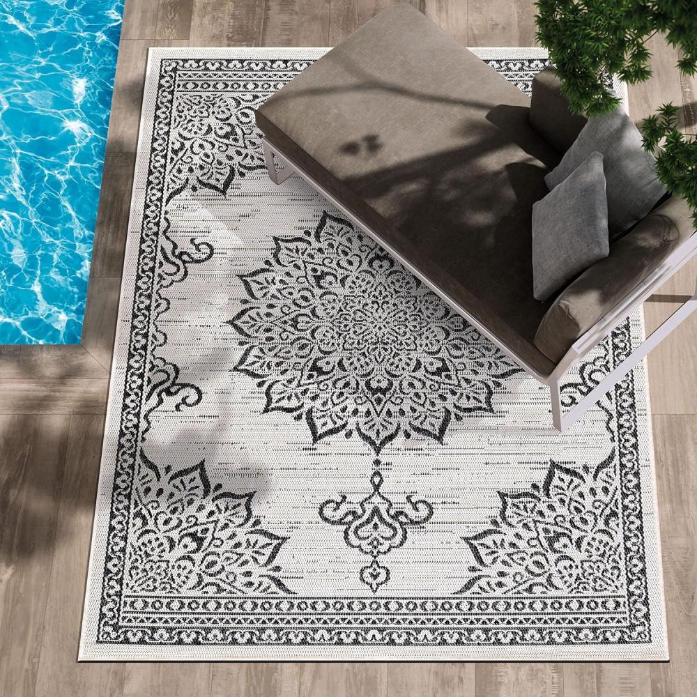 image:imageCAMILSON Indoor Outdoor Rug 5x7 Bordered Gray Modern Area Rugs for Indoor and Outdoor Patios Kitchen and Hallway Mats Washable Porch Deck Outside Carpet Bordered Grey 5 x 7Medallion White