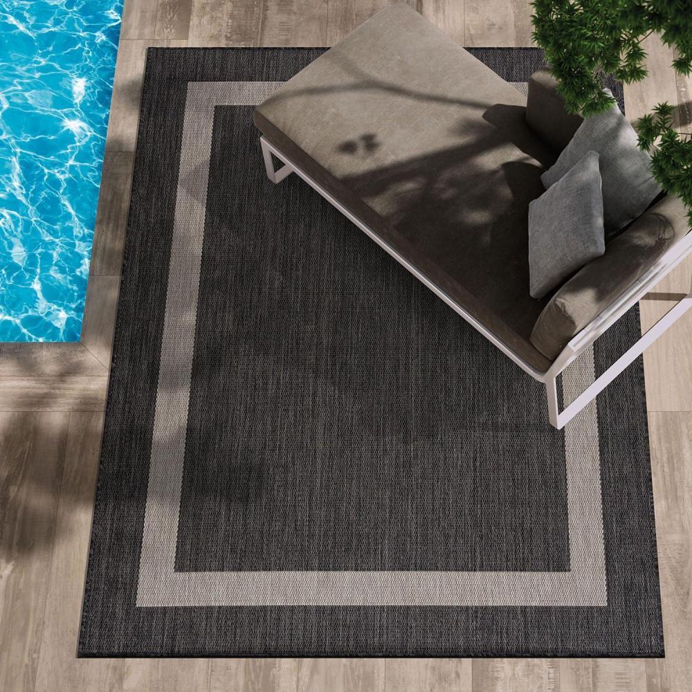 image:imageCAMILSON Indoor Outdoor Rug 5x7 Bordered Gray Modern Area Rugs for Indoor and Outdoor Patios Kitchen and Hallway Mats Washable Porch Deck Outside Carpet Bordered Grey 5 x 7Bordered  Dark Grey  Light Grey