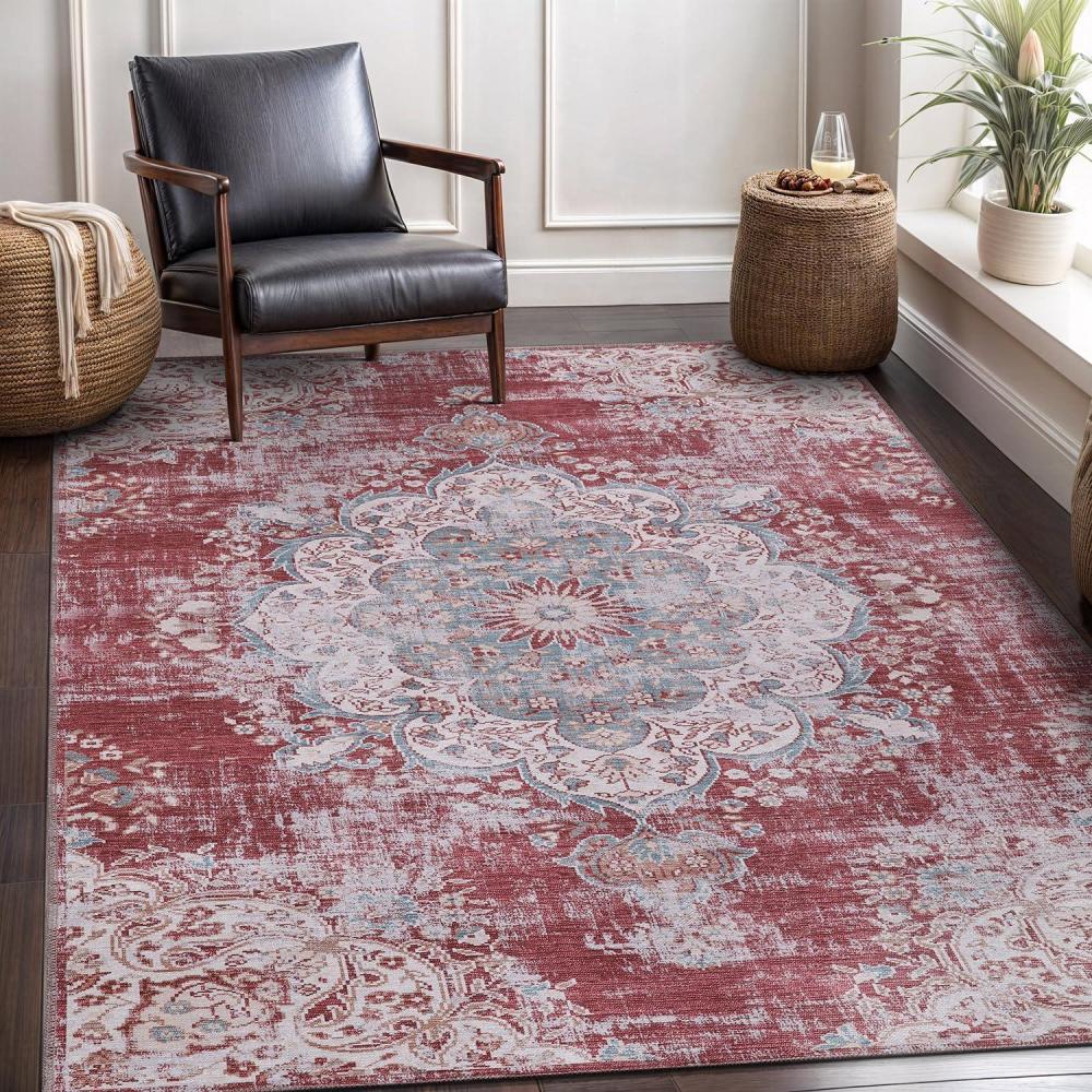 image:imageCAMILSON Machine Washable Area Rugs for Living Room Bedroom Distressed Vintage Washable Rug 5x7 Non Slip Backing Stain and Water Resistant Traditional Bohemian Indoor Carpet 5 x 7 Rust Red