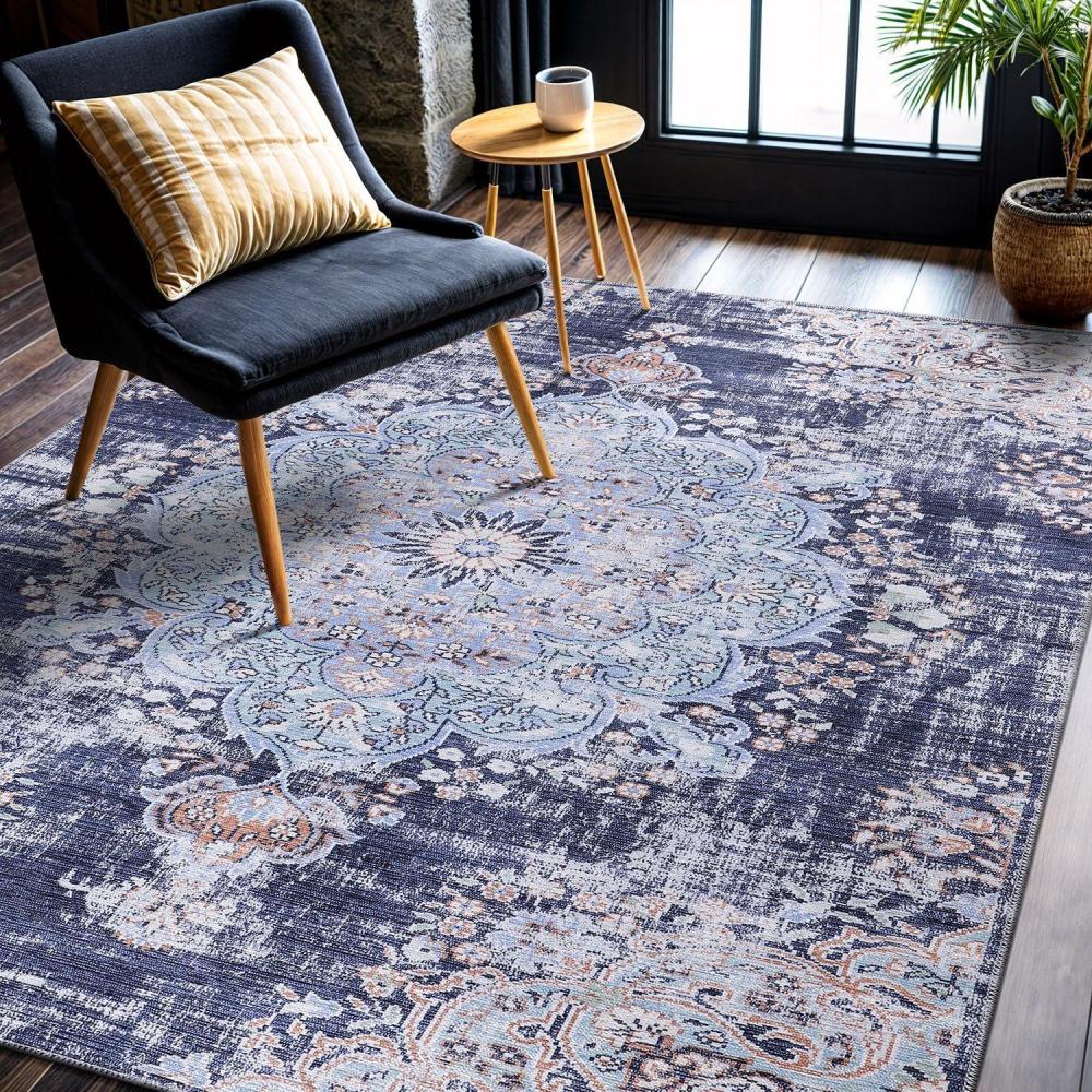 image:imageCAMILSON Machine Washable Area Rugs for Living Room Bedroom Distressed Vintage Washable Rug 5x7 Non Slip Backing Stain and Water Resistant Traditional Bohemian Indoor Carpet 5 x 7 Blue