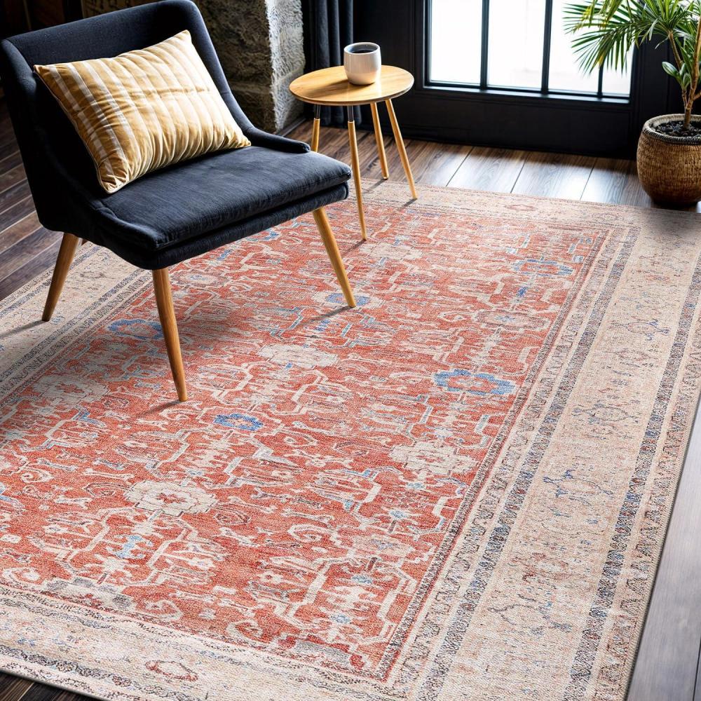image:imageCAMILSON Machine Washable Area Rugs for Living Room Bedroom Distressed Vintage Washable Rug Non Slip Backing Stain and Water Resistant Bordered Indoor Carpet Orange Beige 53x7