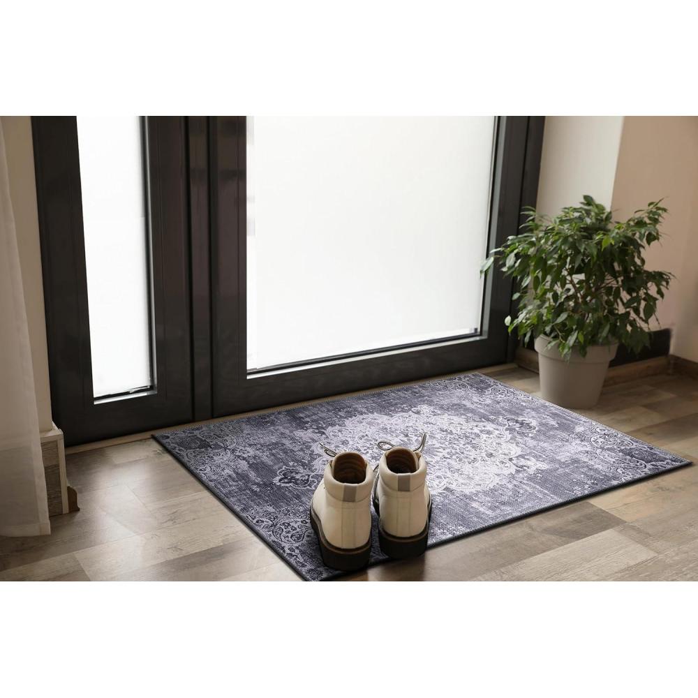image:imageCAMILSON Machine Washable Rug 2x3 Non Slip  AntiSlip Backing for Distressed Vintage Medallion Indoor Entryway Mats Area Rugs Stain and Water Resistant Bohemian Indoor Carpet 2 x 3 Gray