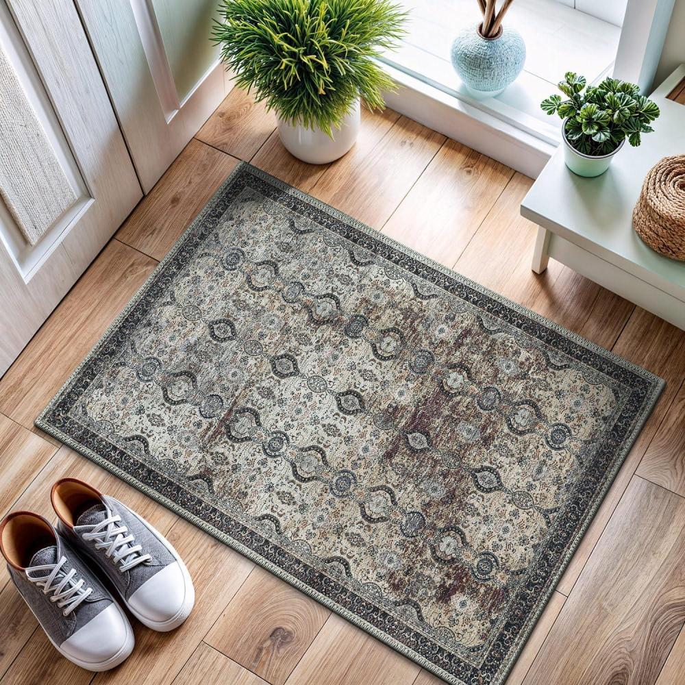 image:imageCAMILSON Machine Washable Rug Distressed Vintage Indoor Entryway Mats Living Area Entryways Rugs Stain and Water Resistant Traditional Indoor Carpet Charcoal Olive 2x3