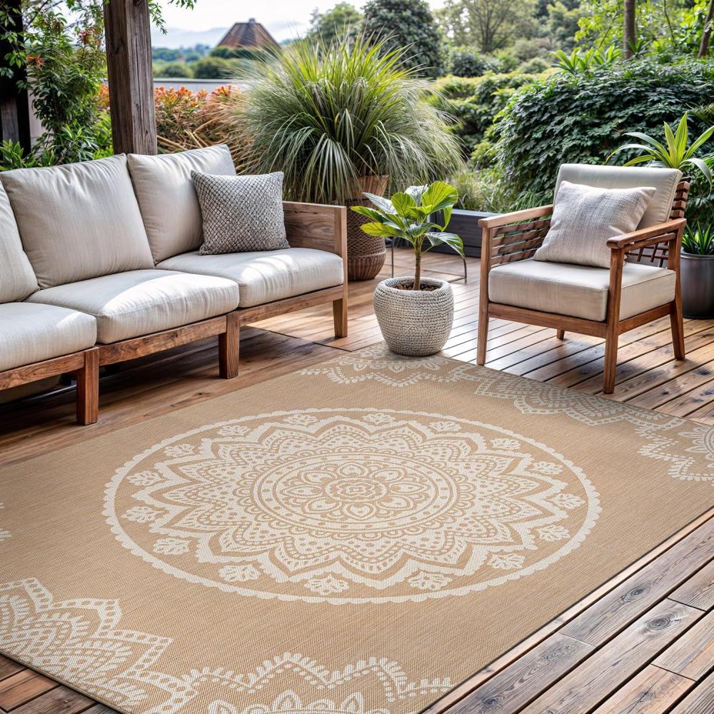 image:imageCAMILSON Outdoor Rug 5x7 Modern Area Rugs for Indoor and Outdoor Patios and Porches  Waterproof Washable NonShedding EasytoClean Outside Carpet 5 x 7 Medallion  Dark GreyLight GreyMedallion  Beige  White