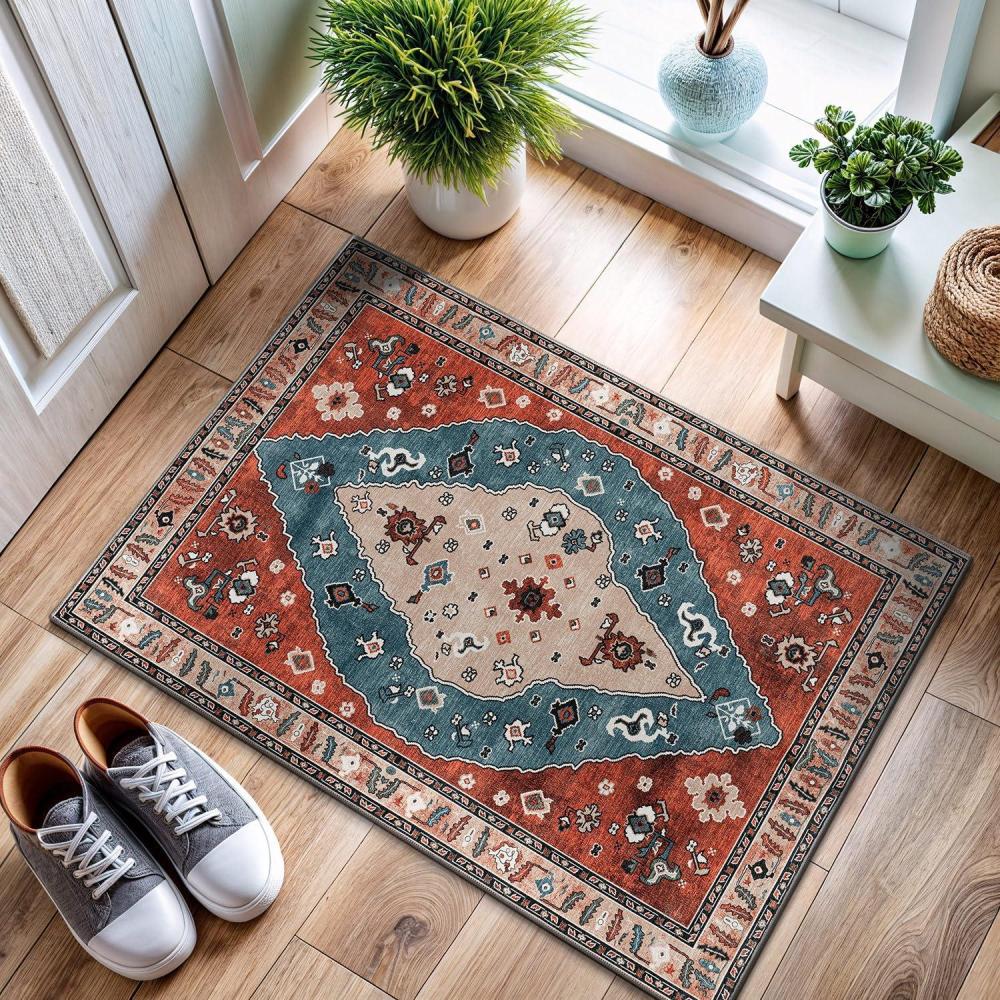 image:imageCAMILSON Printed Bathroom Rugs Oriental Retro Traditional Vintage Area Rug 2x3 NonShedding Ultra Thin Super Strong Stain Resistant Indoor Carpet for Hallway Kitchen Office 2 x 3  Red