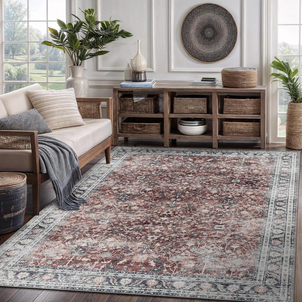 image:imageCAMILSON Printed Living Room Rugs Oriental Retro Vintage Floral Area Rug 5x7 NonShedding Ultra Thin Super Strong Stain Resistant Indoor Carpet for Hallway Kitchen Office 5 x 7  Rust Red