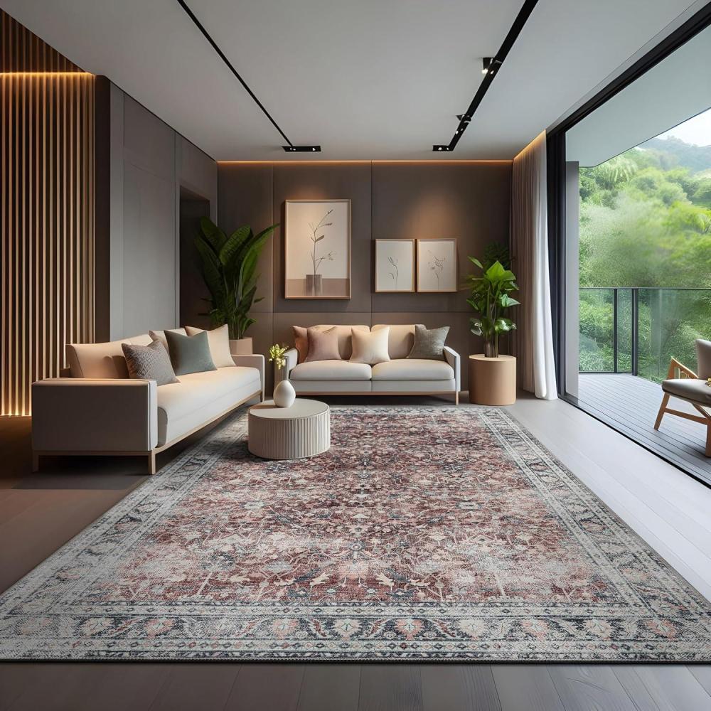 image:imageCAMILSON Printed Living Room Rugs Oriental Retro Vintage Floral Area Rug 9x12 NonShedding Ultra Thin Super Strong Stain Resistant Indoor Carpet for Hallway Kitchen Office 9 x 12  Rust Red