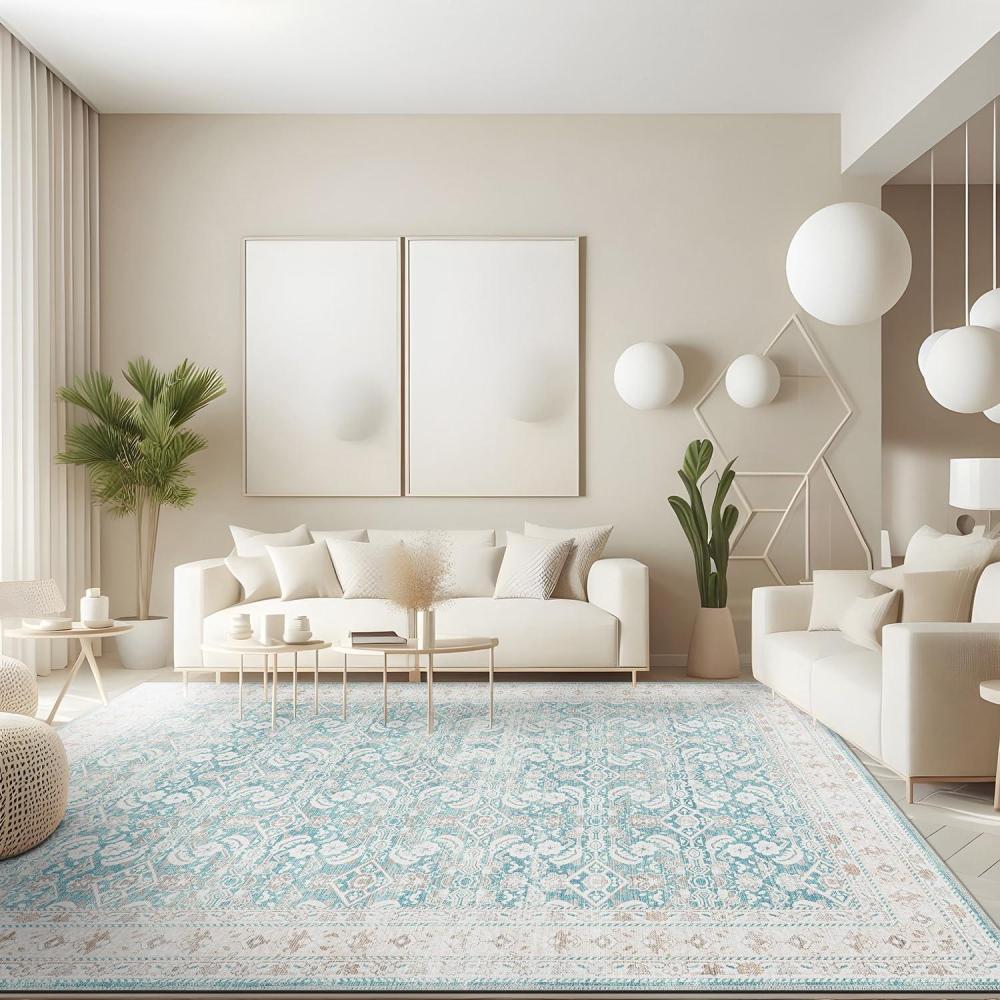 image:imageCAMILSON Printed Living Room Rugs Oriental Retro Vintage Floral Teal Blue Area Rug 9x12 NonShedding Ultra Thin Super Strong Stain Resistant Indoor Carpet for Hallway Kitchen 9x12 Teal