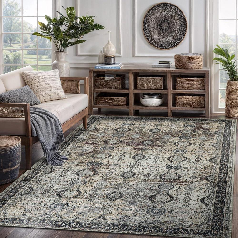image:imageCAMILSON Printed Living Room Rugs Retro Vintage Distressed Traditional Area Rug 5x7 NonShedding Ultra Thin Super Strong Stain Resistant Indoor Carpet for Hallway Kitchen 5 x 7 Charcoal Olive