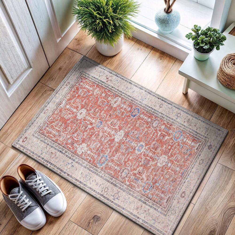 image:imageCAMILSON Printed Rug with Ultra Thin Super Strong for Distressed Vintage Indoor Entryway Mats Living Area Entryways Rugs Stain and Water Resistant Bordered Indoor Carpet 2 x 3 Orange Beige