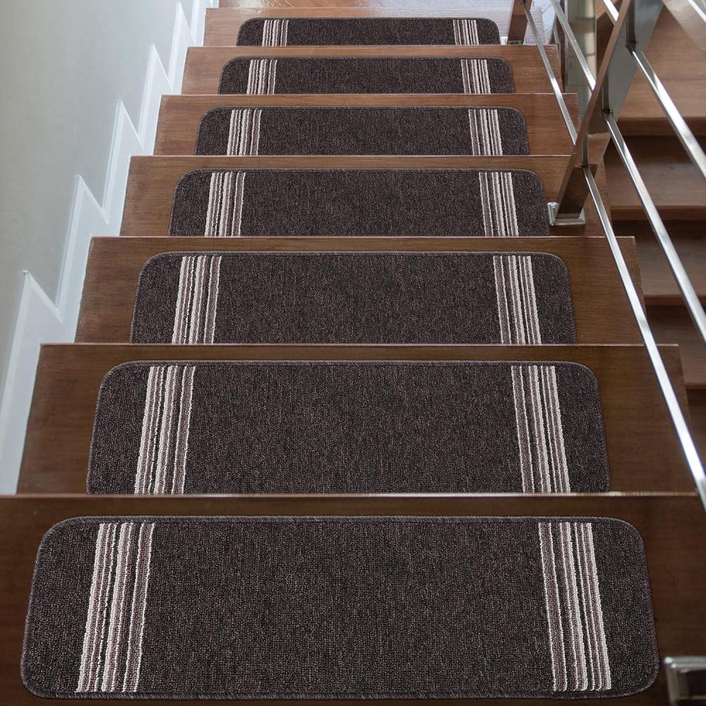image:imageCAMILSON Stair Treads Runner Mats  Non Slip Rug Pads for Indoor Outdoor Carpet  Pet Dog Stair Step Covers Set of 13 Line BeigeLine Brown