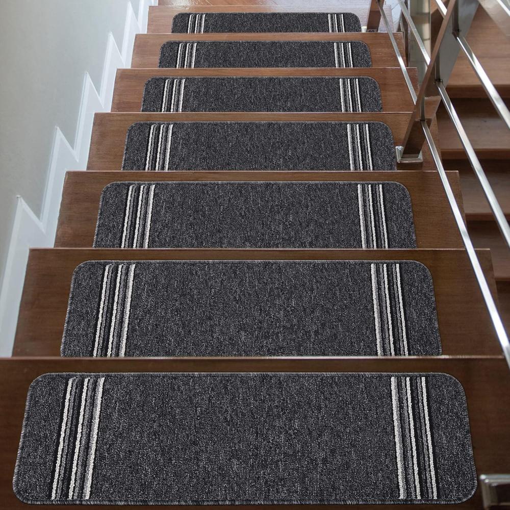 image:imageCAMILSON Stair Treads Runner Mats Non Slip Rug Pads for Indoor Outdoor Carpet Pet Dog Stair Step Covers Set of 13 Line BeigeLine Dark Grey