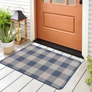 Buffalo Plaid Outdoor Rug – Check Area Rugs for Indoor and Outdoor Patios, Checkered Pattern Mats for Front Door, Porch, Kitchen and Hallway – Washable Outside Carpet (2×3, Blue/White)