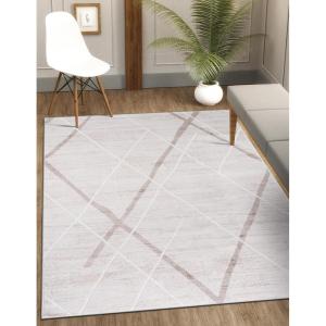 CAMILSON Baby Shag Rug 8×10 Modern Luxury Striped Boho Area Easy Shaggy Rugs Soft Medium Pile Stain Resistant Easy-Cleaning Non-Shedding for Living Room Office Indoor Carpet (8 x 10 / Beige – Gray)(Pas8 – Beige / White)