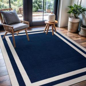 CAMILSON Baby Shag Rug 8×10 Modern Luxury Striped Boho Area Easy Shaggy Rugs Soft Medium Pile Stain Resistant Easy-Cleaning Non-Shedding for Living Room Office Indoor Carpet (8 x 10 / Beige – Gray)(Navy Blue)