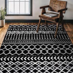 CAMILSON Baby Shag Rug 8×10 Modern Luxury Striped Boho Area Easy Shaggy Rugs Soft Medium Pile Stain Resistant Easy-Cleaning Non-Shedding for Living Room Office Indoor Carpet (8 x 10 / Beige – Gray)(Boho Black)