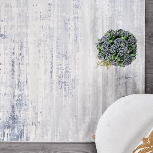 CAMILSON Baby Shag Rug 8×10 Modern Luxury Striped Boho Area Easy Shaggy Rugs Soft Medium Pile Stain Resistant Easy-Cleaning Non-Shedding for Living Room Office Indoor Carpet (8 x 10 / Beige – Gray)(Pas13 – White / Blue)