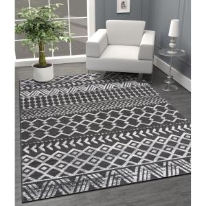 CAMILSON Boho Moroccan Area Rug, 5’3″ x 7’0″ Geometric, Diamond Design for Living Room Bedroom Dark Grey / Cream Indoor Area Rugs Bohemian