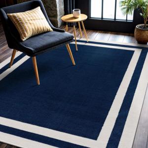 CAMILSON Bordered Navy Blue Rug 5×7 Area Rugs for Living Room Bedroom Kitchen Modern Soft Stain Resistant Non-Shedding Indoor Carpet (5 x 7 Navy Blue and Cream)