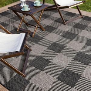 CAMILSON Buffalo Plaid Outdoor Rug – Check Area Rugs for Indoor and Outdoor Patios, Checkered Pattern Mats for Front Door, Kitchen and Hallway – Washable Outside Carpet (3×5, Dark Grey/Light Grey)
