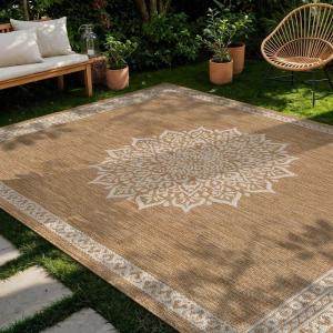 CAMILSON Indoor Outdoor Rug, 5×7 Bordered Gray Modern Area Rugs for Indoor and Outdoor Patios, Kitchen and Hallway Mats, Washable Porch Deck Outside Carpet (Bordered Grey, 5 x 7)(Medaglia Natural)