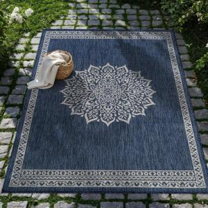 CAMILSON Indoor Outdoor Rug, 5×7 Bordered Gray Modern Area Rugs for Indoor and Outdoor Patios, Kitchen and Hallway Mats, Washable Porch Deck Outside Carpet (Bordered Grey, 5 x 7)(Medaglia Blue)