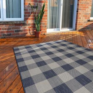 CAMILSON Indoor Outdoor Rug, 5×7 Bordered Gray Modern Area Rugs for Indoor and Outdoor Patios, Kitchen and Hallway Mats, Washable Porch Deck Outside Carpet (Bordered Grey, 5 x 7)(Checkered – Blue / White)