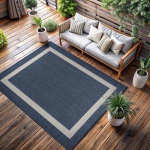 CAMILSON Indoor Outdoor Rug, 5×7 Bordered Gray Modern Area Rugs for Indoor and Outdoor Patios, Kitchen and Hallway Mats, Washable Porch Deck Outside Carpet (Bordered Grey, 5 x 7)(Bordered – Blue / White)