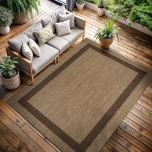 CAMILSON Indoor Outdoor Rug, 5×7 Bordered Gray Modern Area Rugs for Indoor and Outdoor Patios, Kitchen and Hallway Mats, Washable Porch Deck Outside Carpet (Bordered Grey, 5 x 7)(Bordered – Jute / Brown)