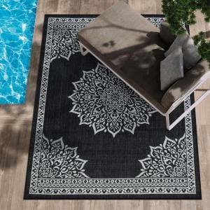 CAMILSON Indoor Outdoor Rug, 5×7 Bordered Gray Modern Area Rugs for Indoor and Outdoor Patios, Kitchen and Hallway Mats, Washable Porch Deck Outside Carpet (Bordered Grey, 5 x 7)(Medallion Black)