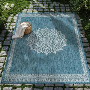 CAMILSON Indoor Outdoor Rug, 5×7 Bordered Gray Modern Area Rugs for Indoor and Outdoor Patios, Kitchen and Hallway Mats, Washable Porch Deck Outside Carpet (Bordered Grey, 5 x 7)(Medaglia Aqua)