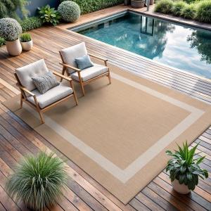 CAMILSON Indoor Outdoor Rug, 5×7 Bordered Gray Modern Area Rugs for Indoor and Outdoor Patios, Kitchen and Hallway Mats, Washable Porch Deck Outside Carpet (Bordered Grey, 5 x 7)(Bordered – Beige / White)