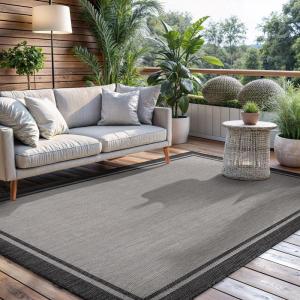 CAMILSON Indoor Outdoor Rug, 5×7 Bordered Gray Modern Area Rugs for Indoor and Outdoor Patios, Kitchen and Hallway Mats, Washable Porch Deck Outside Carpet (Bordered Grey, 5 x 7)(Bordered Grey)