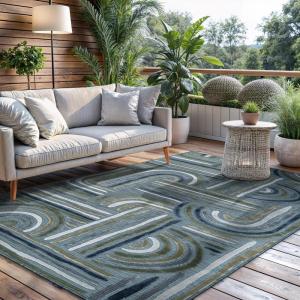 CAMILSON Indoor Outdoor Rug, Navy 7’10”x10’ Leaf Tropical Botanical Area Rugs for Indoor and Outdoor patios, Easy-Cleaning Non-Shedding Living Room, Garden and Kitchen Washable Outside Carpet (8×10)(3004 Aqua)