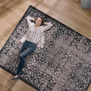 CAMILSON Large Printed Area Rugs with Ultra Thin Super Strong for Living Room Bedroom, Floral Vintage Rug 9×12, Stain and Water Resistant, Medallion Indoor Carpet (9 x 12, Black Beige)