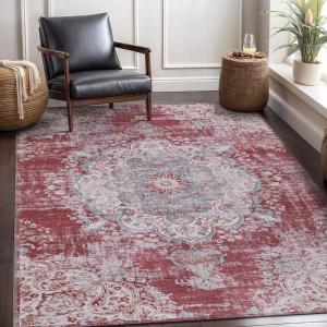 CAMILSON Machine Washable Area Rugs for Living Room Bedroom, Distressed Vintage Washable Rug 5×7, Non Slip Backing, Stain and Water Resistant, Traditional Bohemian Indoor Carpet (5 x 7, Rust Red)